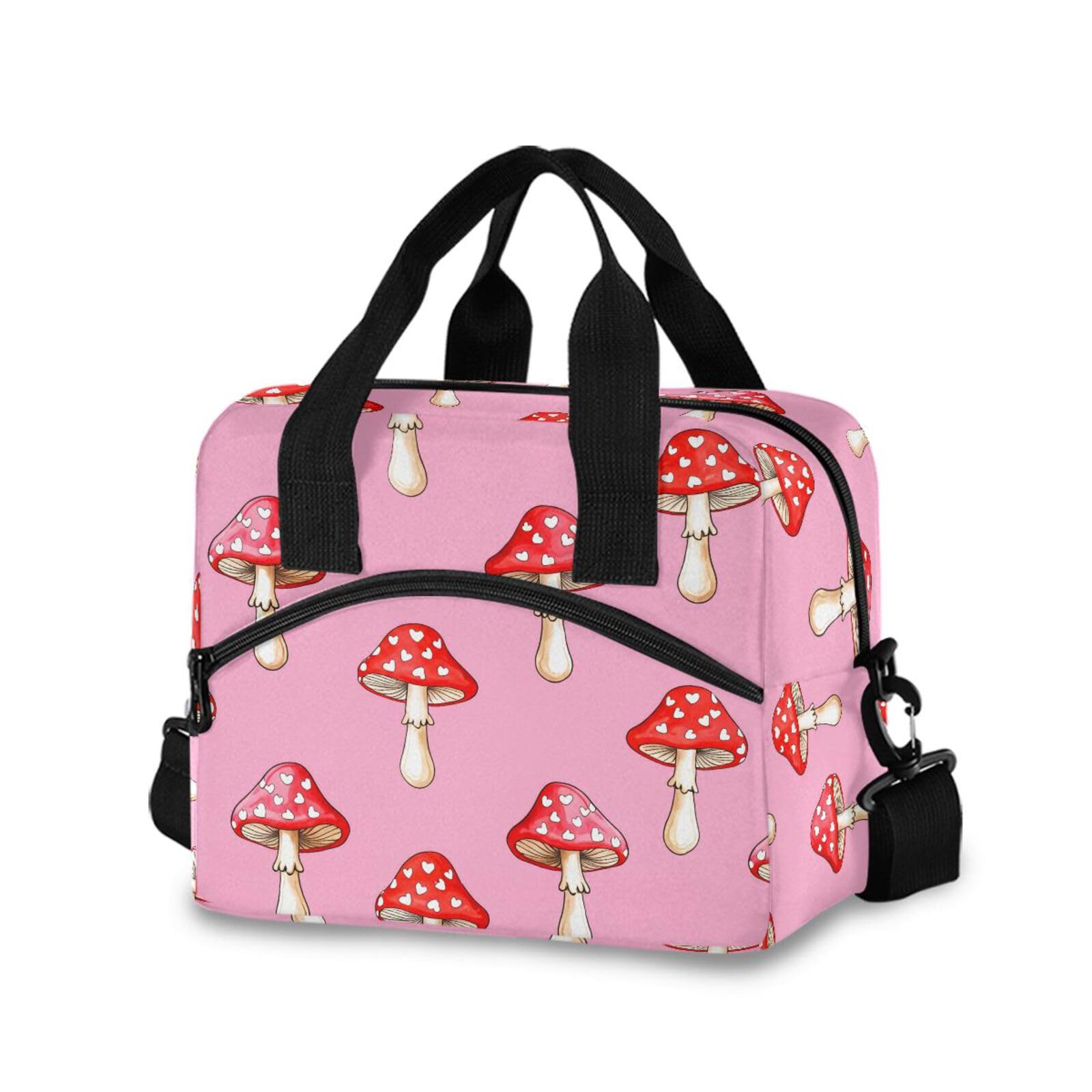 Insulated Lunch Bag Reusable Cooler Heart Mushroom Pink Lunch Box Adjustable Shoulder Strap for Office Picnic School