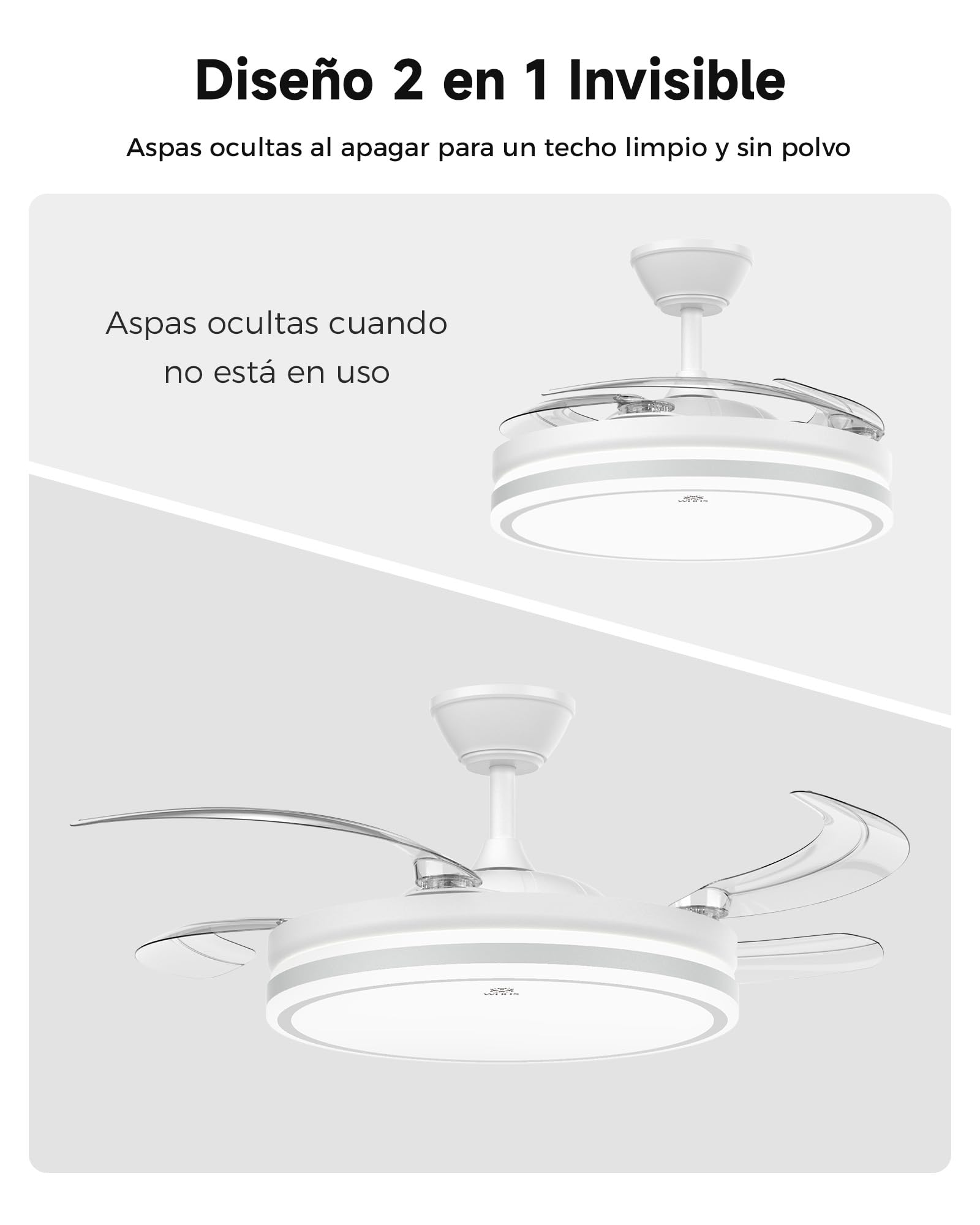 Woox Ventilador de Techo con Luz, 30W Motor DC + 50W Luz con Brillo y CCT Regulable sin Escalonamiento, Ventilador Retráctil de 4 Aspas, 6 Velocidades, con Control Remoto Funcion Verano e Invierno