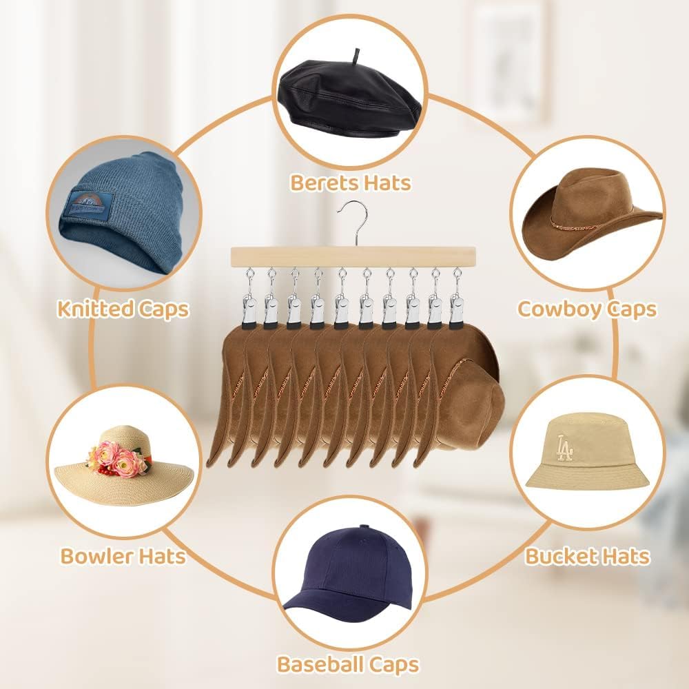 Tendedero de madera para secar calcetines, 4 unidades, 10 clips, gancho giratorio de 360°, perchas para gorros, ropa interior, mascarillas, toallas, guantes (color madera)