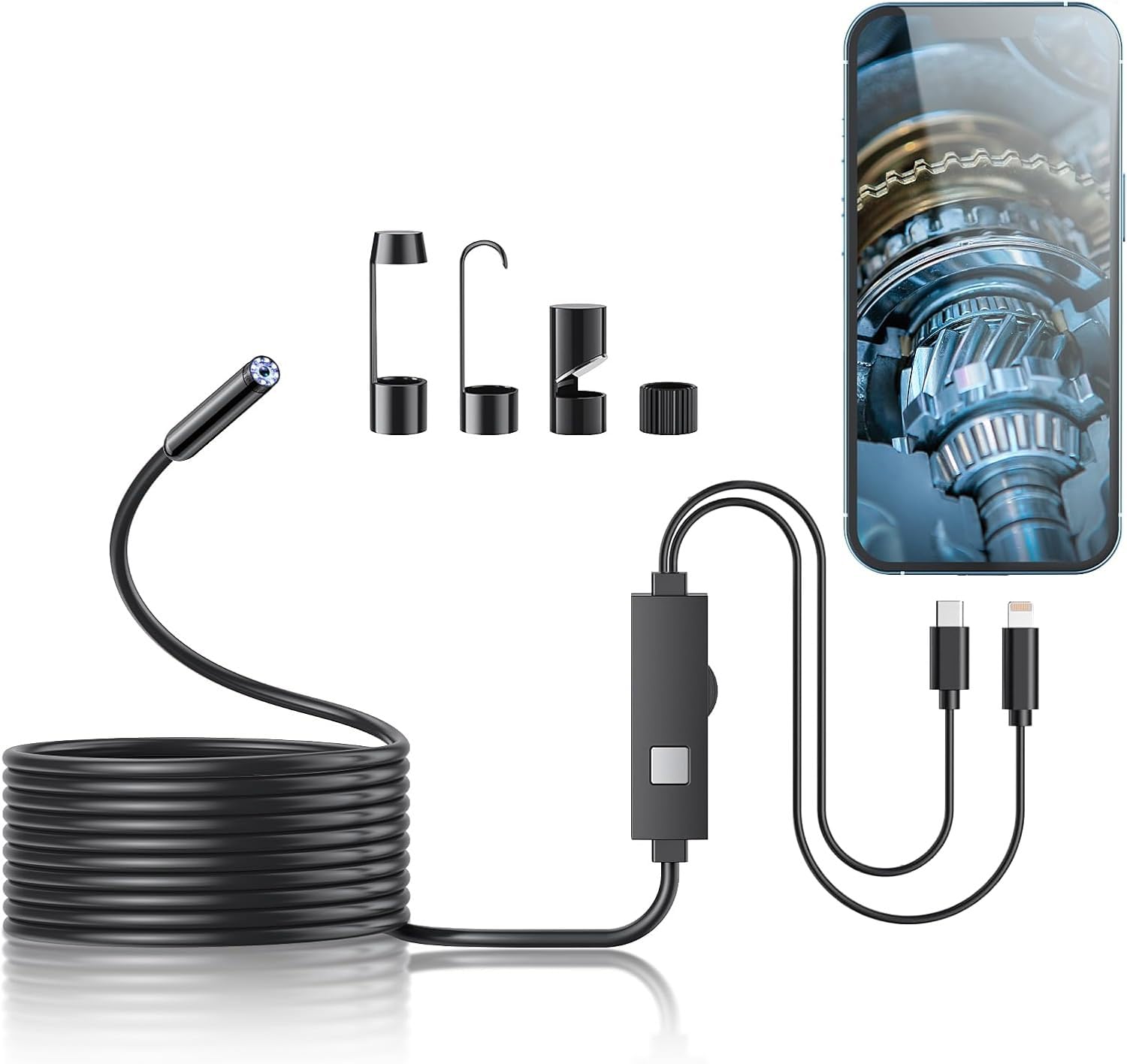 Endoscope Camera with Light, 1920P HD Borescope Tools with 8 Adjustable LED Lights, Endoscope with Semi-Rigid Snake Camera, Inspection Borescope for iOS and Android - 16.3ft Dual Line Single Lens