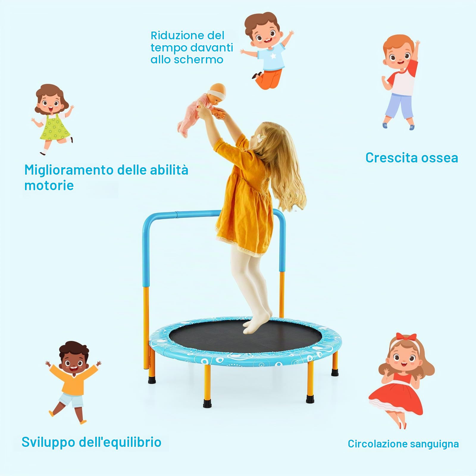 LIFEZEAL Trampolino Elastico per Bambini 3-10 Anni, Ø92x81cm, Mini Trampolino per Interno, Salta, Jump, con Maniglia e Gambe Rimovibili, Sicuro, Pieghevole, Telaio in Metallo, Regalo, Max 150kg