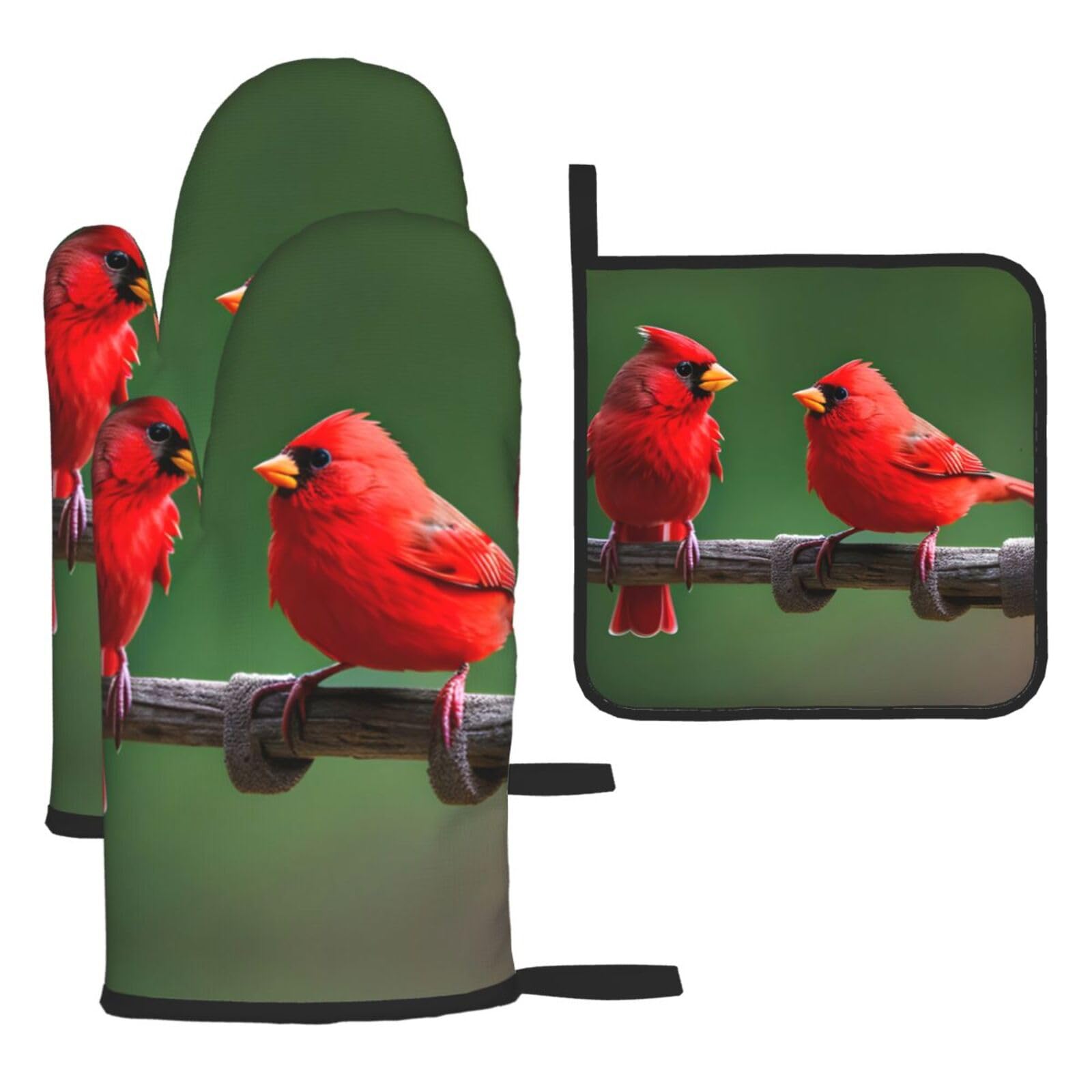 Red Birds Print Oven Mitts and Pot Holders,Non-Slip Pot Holders for Kitchen,Thick Potholders for Baking Grilling
