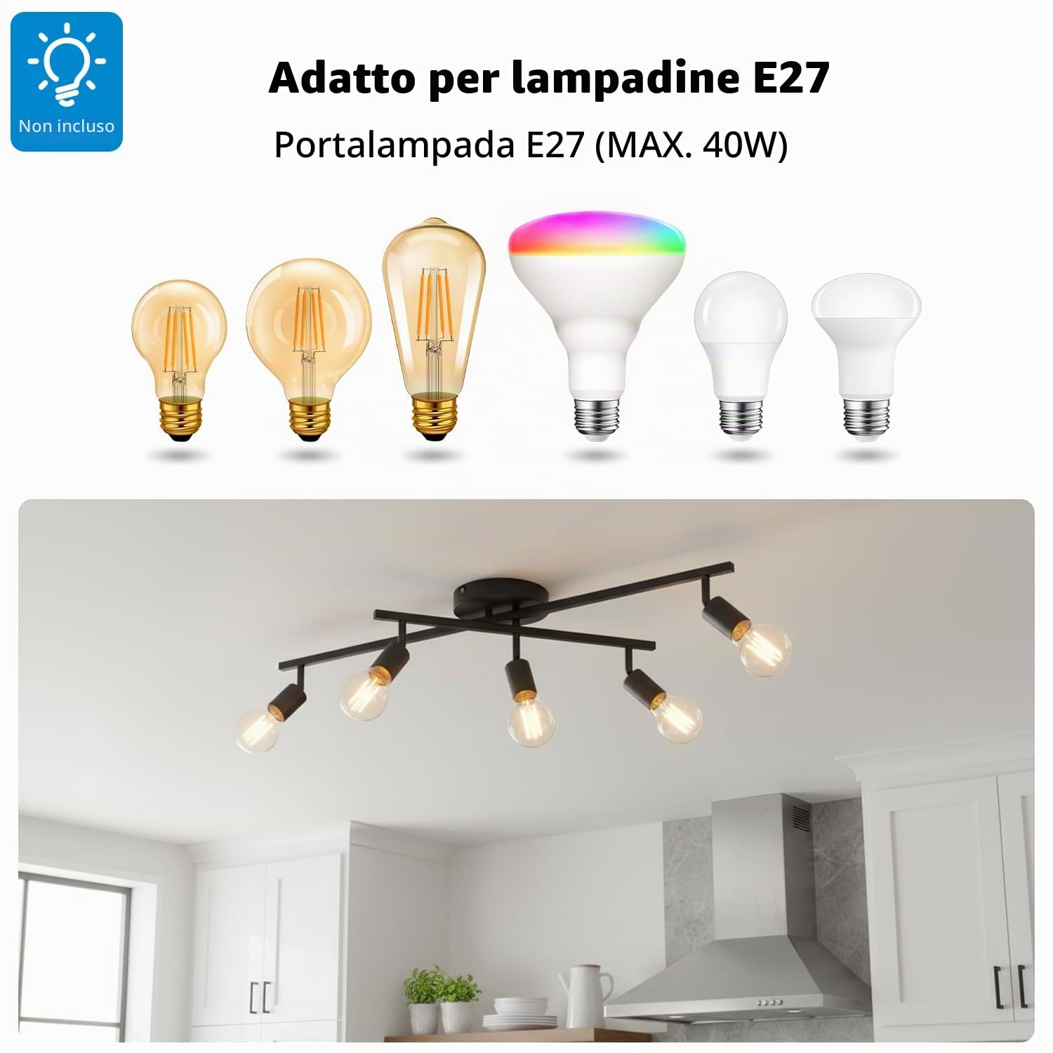 LVWIT Faretto LED Interno Nero, Lampadario Faretti con 5 Attacco E27, Faretti Soffitto Moderna, Faretti Orientabili per Barra, Salotto, Cameretta, Cucina,Corridoio Illuminazione (Senza Lampadina)
