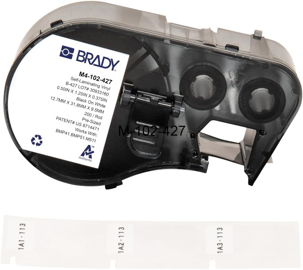 Brady Authentic (M4-102-427) Self-Laminating Vinyl Wrap Around Labels 1.25" H x 0.5" W Black on White, Clear, 200 Labels. for use with the BMP41, BMP51, and M511 Label Printers