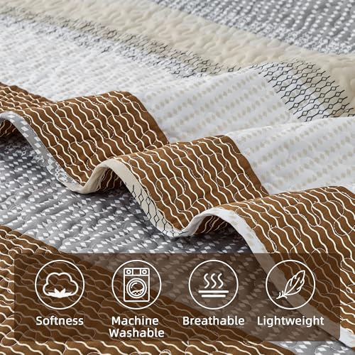 Image of Andency King Size Quilt Set Caramel Brown, 3 Pieces Summer Ultra Soft Lightweight Bedspreads & Coverlets Set, Patchwork Striped Quilted Bedding Sets for All Seasons (1 Quilt, 2 Pillow Shams)