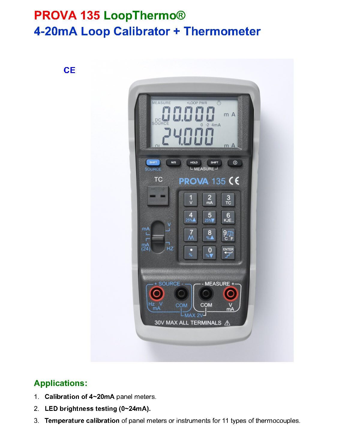 Taiwan Quality PROVA 135 4-20mA Loop Calibrator + Thermometer High Accurate 1uA Resolution Process Multimeter Measure 11 Types of thermocouple DC mA, DC V and Temperature