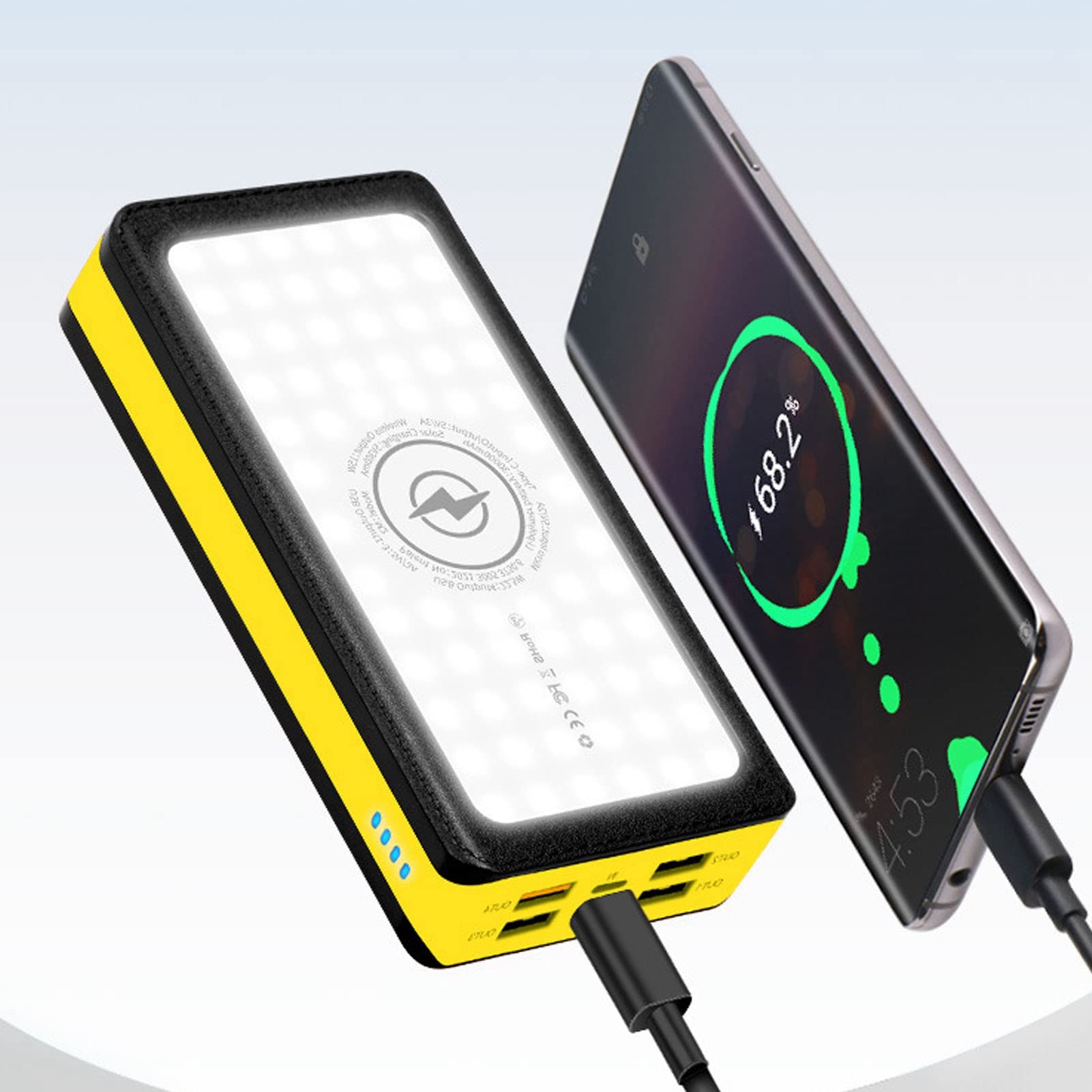 Hyuduo Power Bank Solare da 30000 MAh, 4 Porte di Uscita USB Caricatore Portatile con 66 LED 3 modalità di Illuminazione Power Bank LED da 40 W per Campeggio Alpinismo Pesca Viaggi