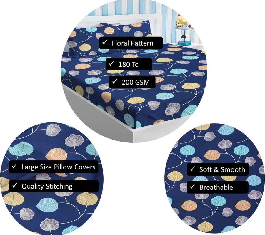 Image of BSB HOME Glace Cotton Double Bedsheets with 2 Pillow Covers | Double Bed Breathable | Wrinklefree | Ultrasoft 180 TC Supersoft | 90x90 Inches, 7x7.5ft (Dark Blue & Light Blue)