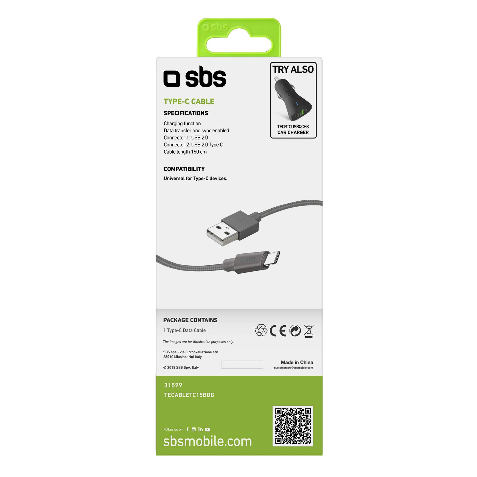 Cable Datos/Carga SBS USB 2.0 - Type C 1,5MTS Gris