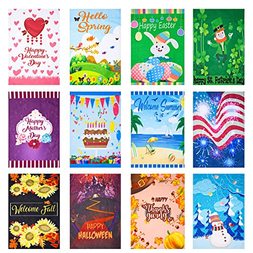 CANCLO Seasonal Garden Flag Set of 12 - Festive Flags for Lawn & Yard Decor - 12x18 Inch -Double Sided - Small Outdoor Flags - St Patricks Day, Spring, Easter, Mothers Day, Summer, Birthday, Holidays