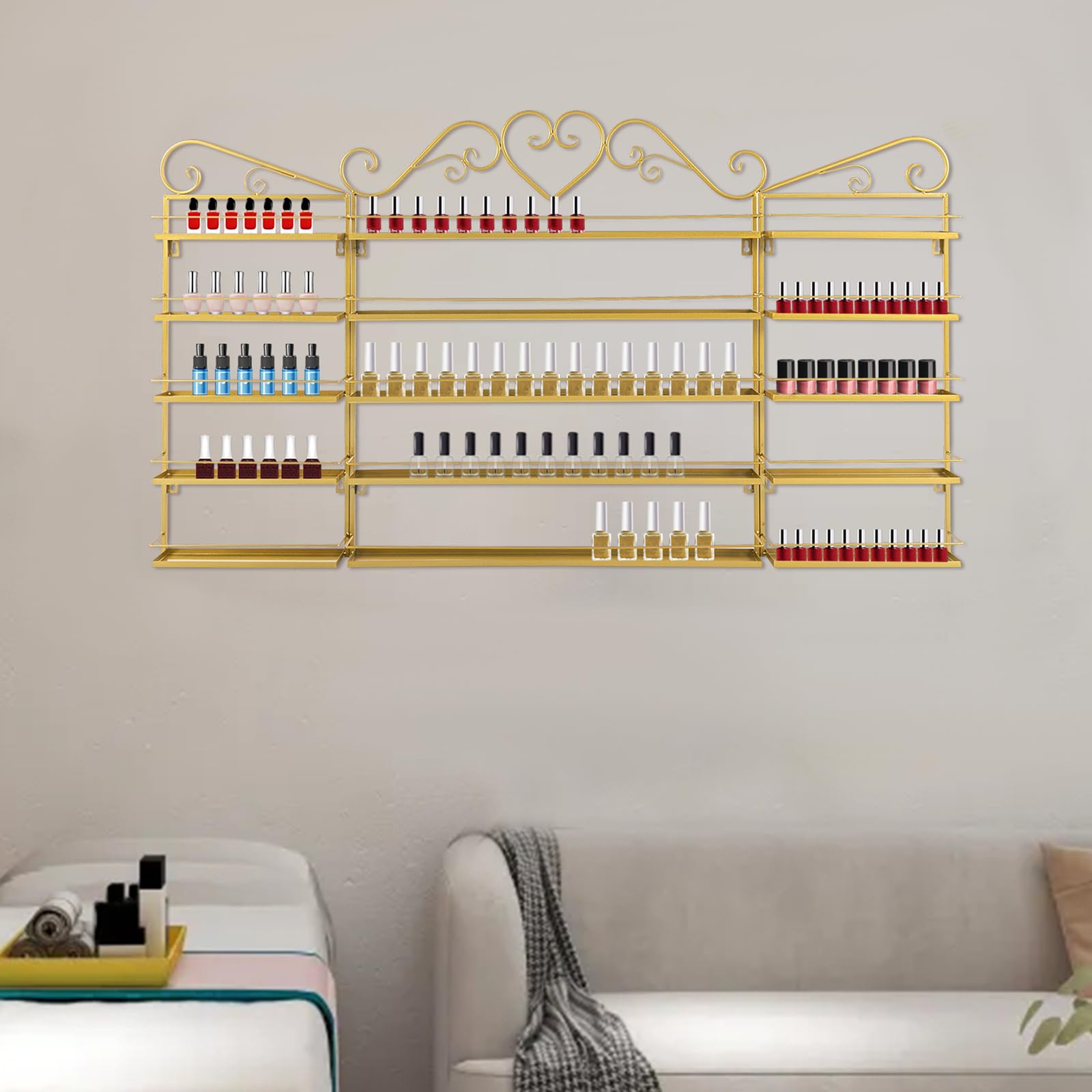 5 Tiers Display Rack,Wall-Mounted Nail Polish Storage Racks, Metal Nail Polish Racks,Mensola da parete, Supporto per rossetto per case,Saloni di manicure, Spas, negozi (Oro)