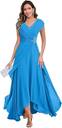 Bolodoo Lace Applique Mother of The Bride Dresses for Wedding Cap Sleeve Formal Dress Ruched Chiffon Evening Gown