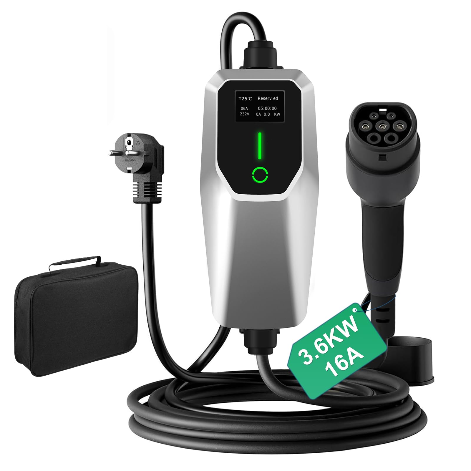 Cargador EV Tipo 2 Portátil de 3.6KW con Corriente Ajustable de 8A-16A, Estación de Carga para Vehículos Eléctricos, Compatible con Voltaje Doméstico de 240V, con Pantalla LED Digital y Bolsa