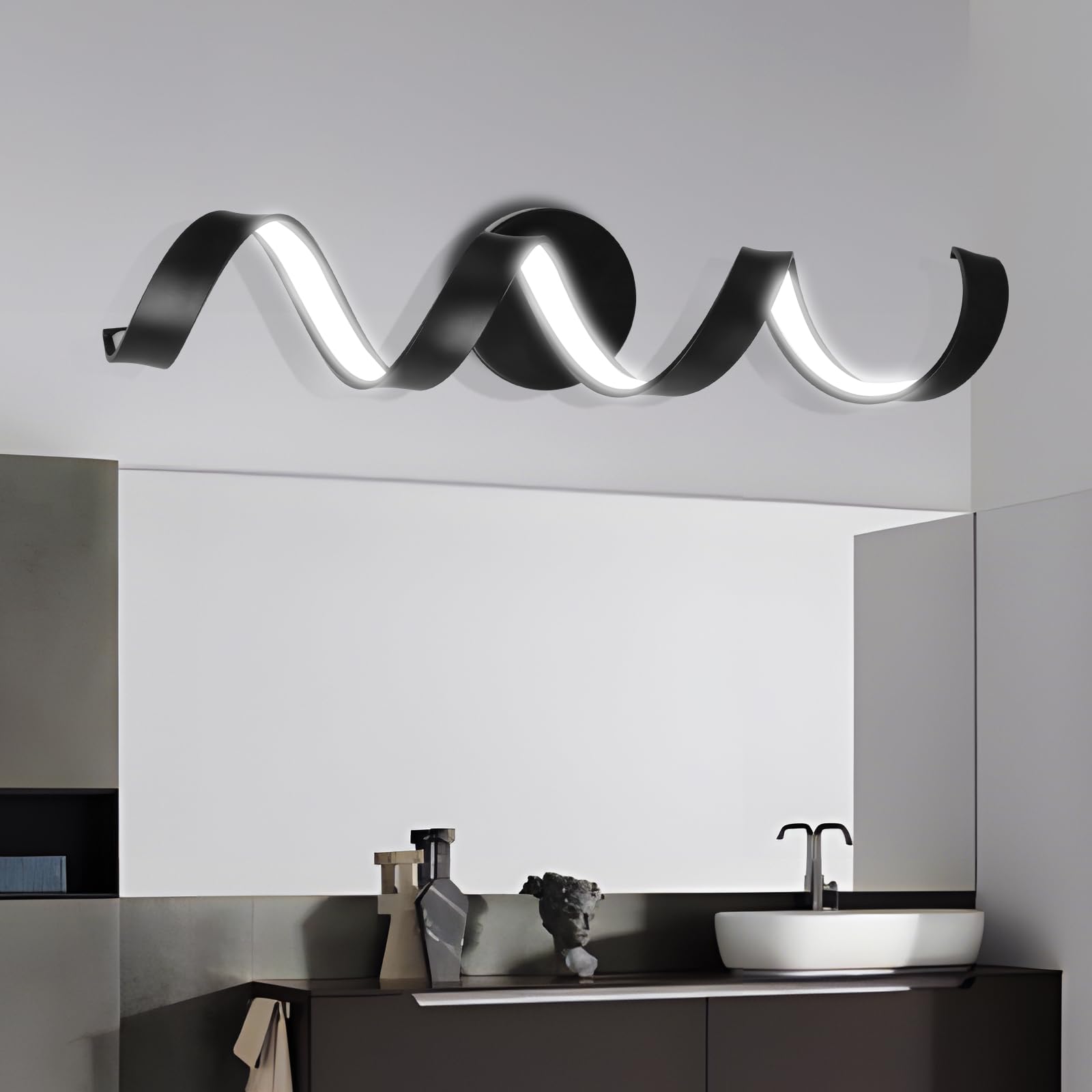 Modern Bathroom Vanity Lights Fixtures, 24 Inch Led Spiral Black Bathroom Wall Light Fixtures Over Mirror, Curved Wall Sconce - Cool White 6000K