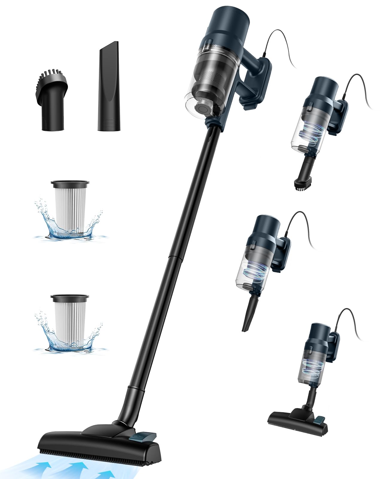 6-in-1 Corded Vacuum Cleaner, 21KPa 600W Powerful Suction, Lightweight Stick Vacuum Cleaner with 1L Dustbin, 5m Cord & 2 Replacement Filter, Efficient Hoover for Hardwood,Pet Hair, Carpets