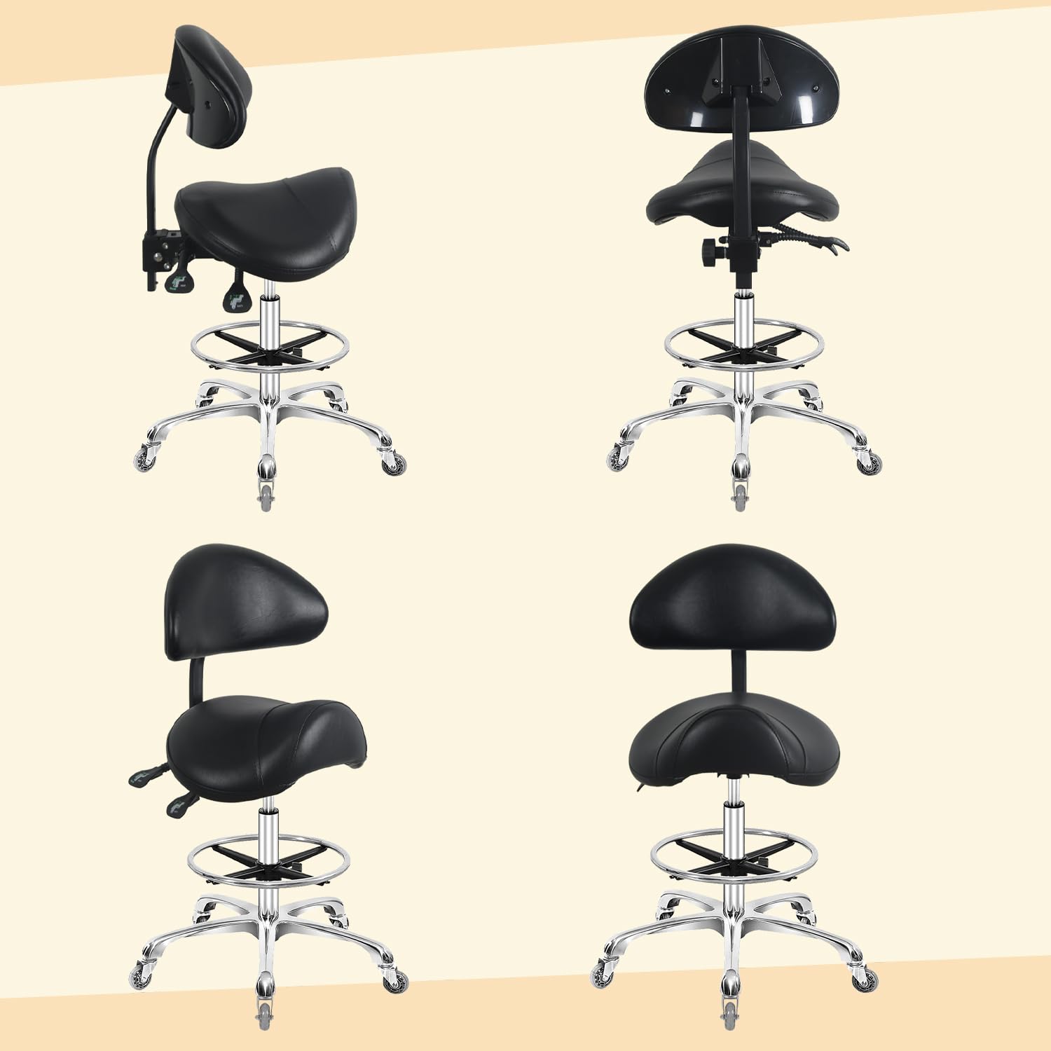 Tabouret de selle hydraulique pivotant réglable avec support dorsal et repose-pieds, résistant 158,8 kg, noir