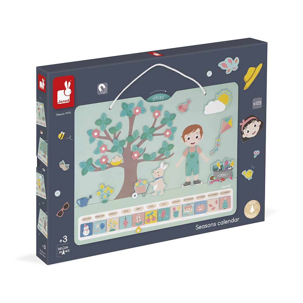 Janod - Calendario delle Stagioni - Calendario Educativo in Legno per Bambini 42 x 32 cm - Magnetico - 125 Magneti - Tempo e Stagioni - Versione Inglese - Dai 3 Anni, J5464