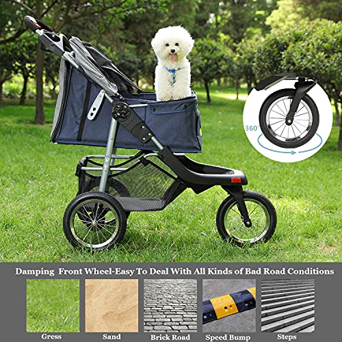 VIAGDO Premium Heavy Duty Dog Stroller for Small Medium Dogs & Cats, 3-Wheel Pet Strollers, Foldable Cat Stroller with Suspension System/Link Brake/One-Hand Fold, Max. Loading 55 LBS