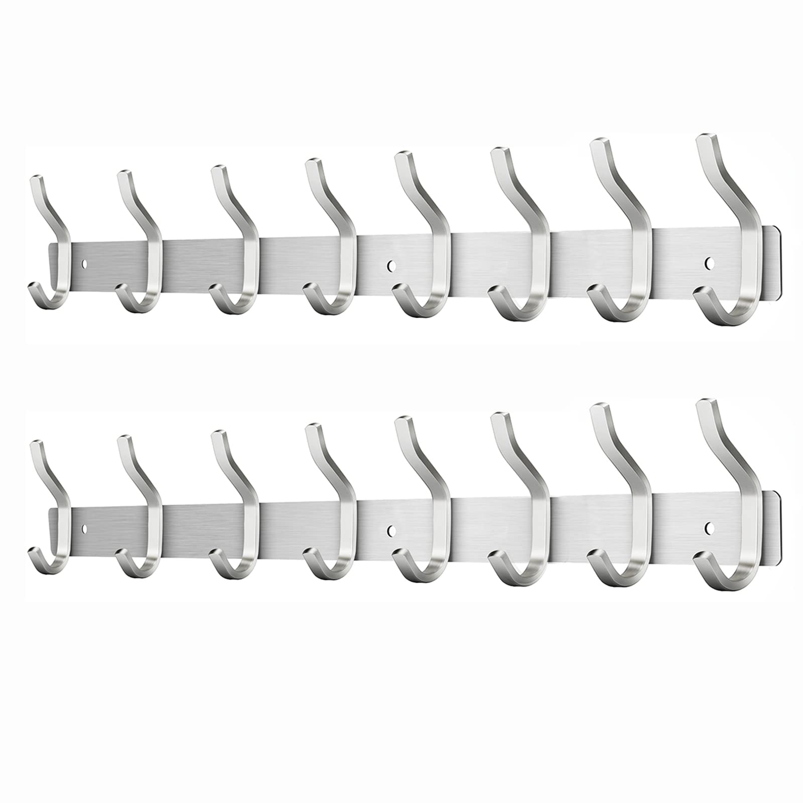 MEIJO Coat Hooks Wall Mounted, Coat Rack Wall Mounted Stainless Steel with 8 Hooks Heavy Duty Coat Hooks for Door, Bedroom, Bathroom, Kitchen(Silver, 8 Hooks, 2Pack)
