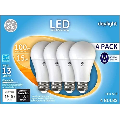 GE Daylight 100 Watt Replacement LED Light Bulbs, General Purpose, Bluish White Light Bulbs 4 Pack (Daylight, 4 Pack)