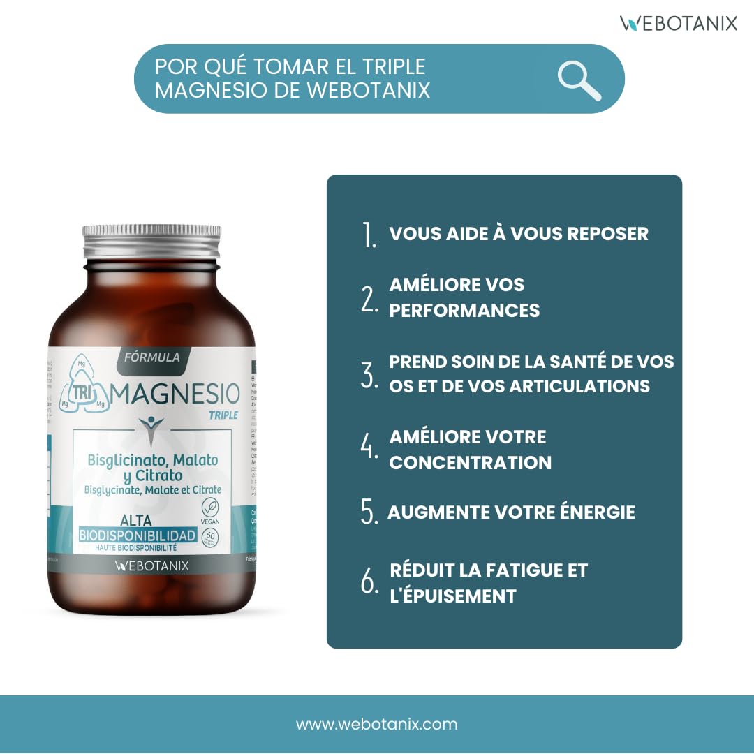 WeBotanix | Formule Triple Magnésium | Bisglycinate, Malate de Magnésium et Citrate de Magnésium avec Vitamine B6 | Énergie, Bien-être et Fonction Musculaire | Végan (120 unité)
