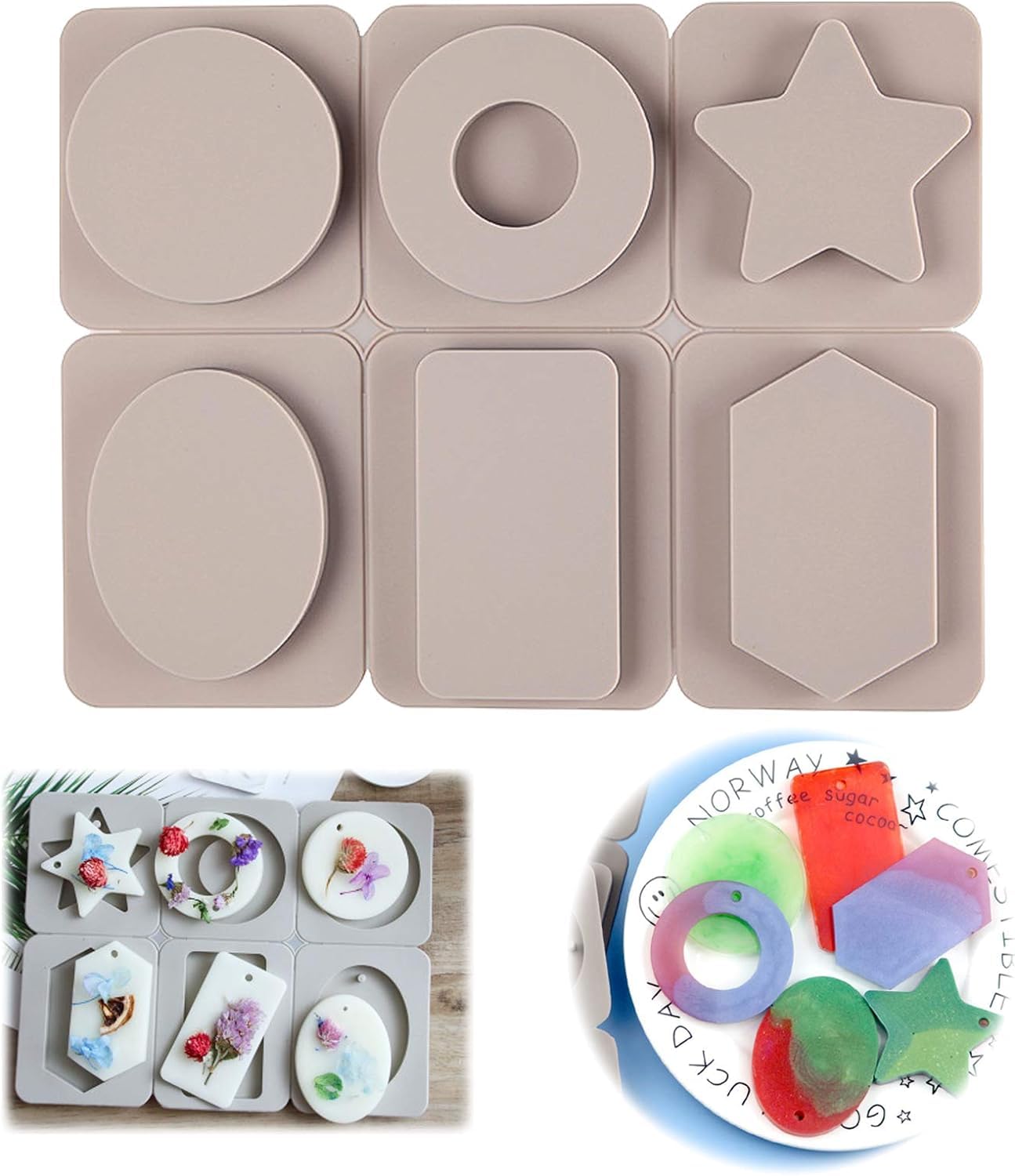 6 Cavity Resin Candle Wax Mould Handmade Soap Moulds Silicone Aromathic Hanging Wax Moulds Cake Mould for Craft Epoxy Casting Resin Bookmark (Rectangle, Star, Round, Ring, Oval & Hexagon)