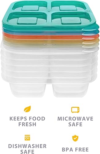 Miniatura 8 de Paquete de 6 recipientes de comida de 4 compartimentos, contenedores reutilizables para niños y adultos, escuela, trabajo, picnic, viaje, lonchera,