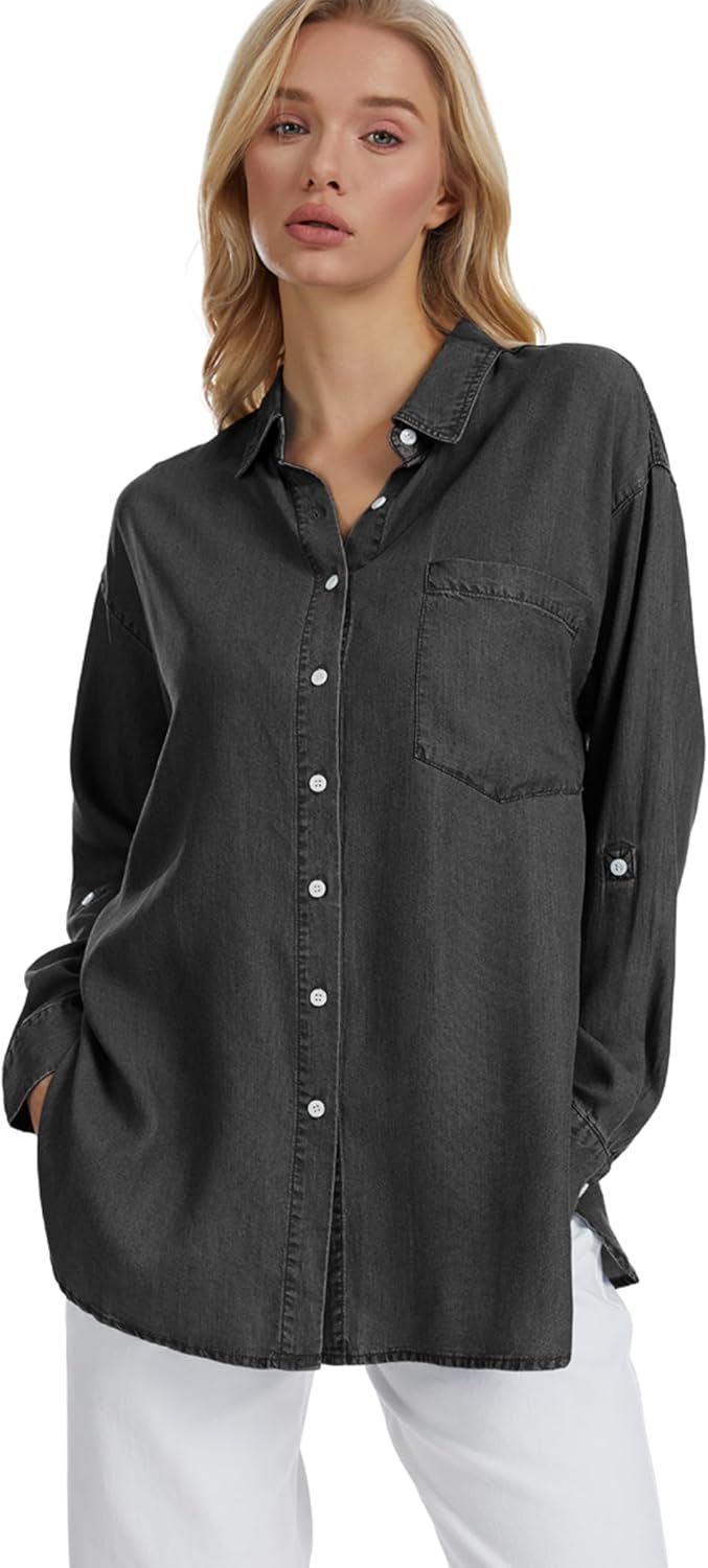 Women's Lyocell Denim Button Down Shirt Long Sleeve Relaxed Fit Chambray Top Lightweight Lyocell Blouse - Image 3