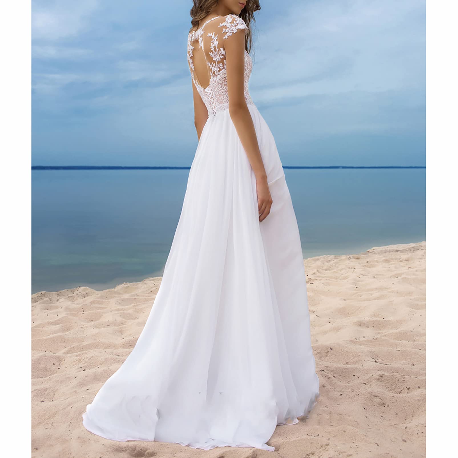 CUTTE Sommer Chiffon Hochzeitsgast Kleid Spitze Boho Brautkleider für Frauen Abend Ballkleider Maxi Schlitz Brautjungfernkleid Kleider mit Schlitz