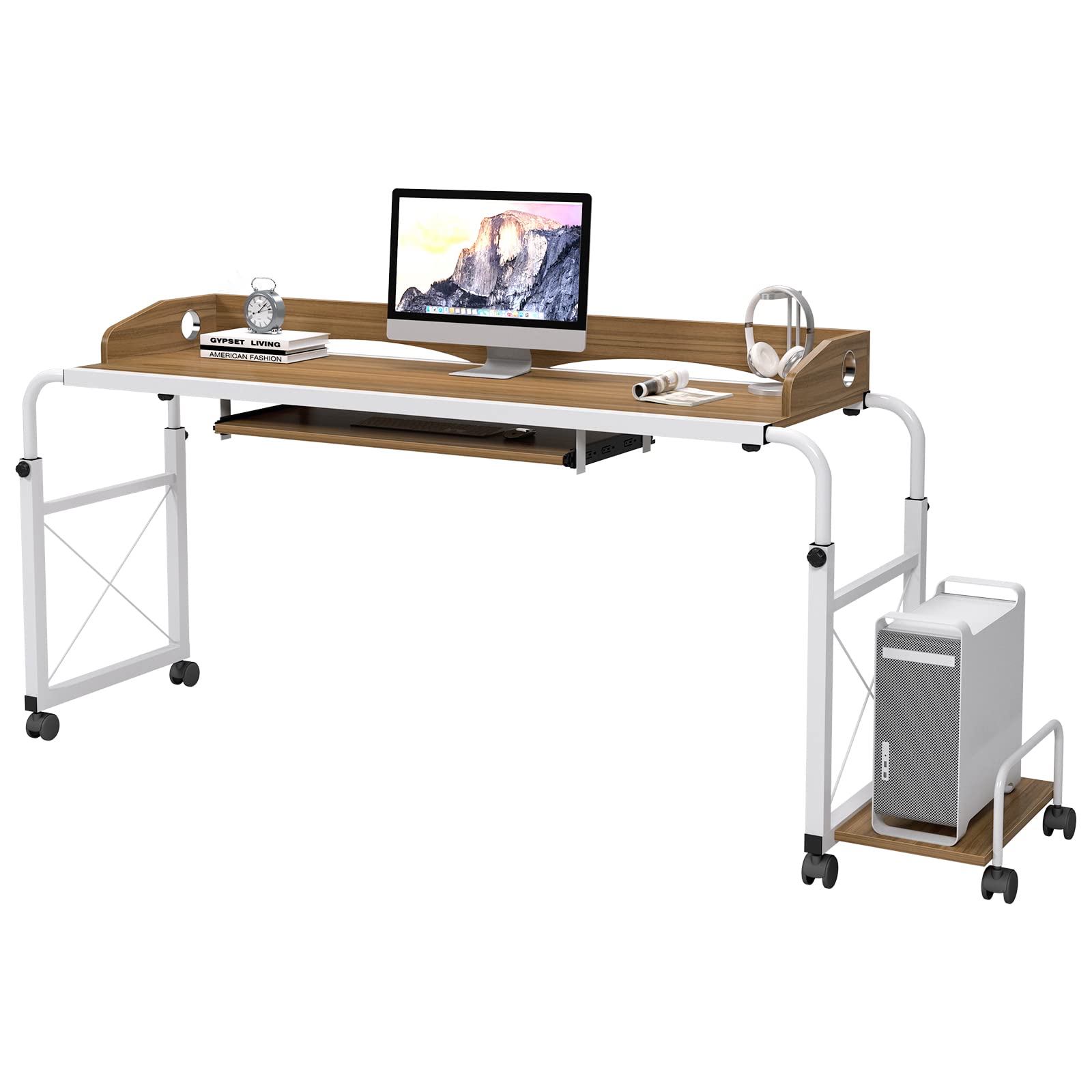 sogesfurniture Height and Length Adjustable Mobile Table,Overbed Table with Wheels, 55 inches Works as Laptop Cart Computer Table Bed Table,Oak