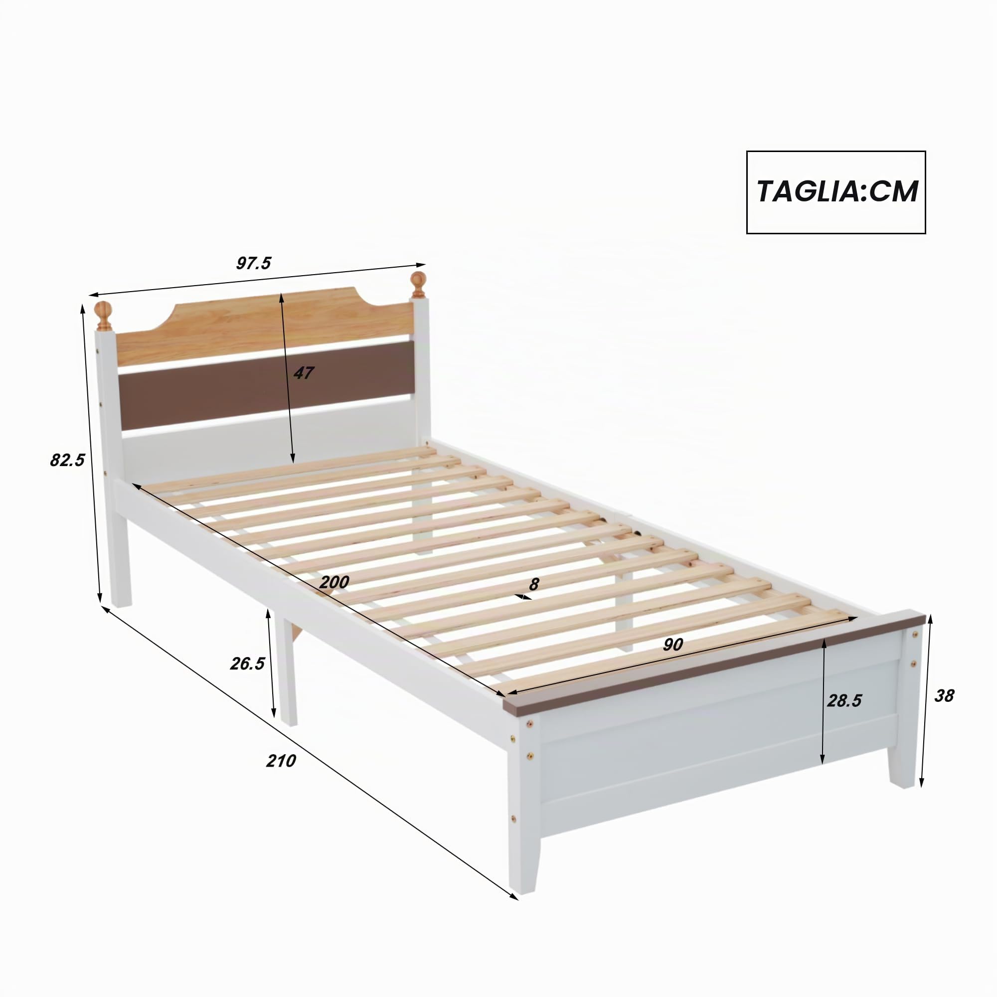 Idemon Letto singolo, in legno di pino con metatarso, letto per ragazzi, letto per adulti, con testiera e pediera in MDF, colore bianco, 90 x 200 cm