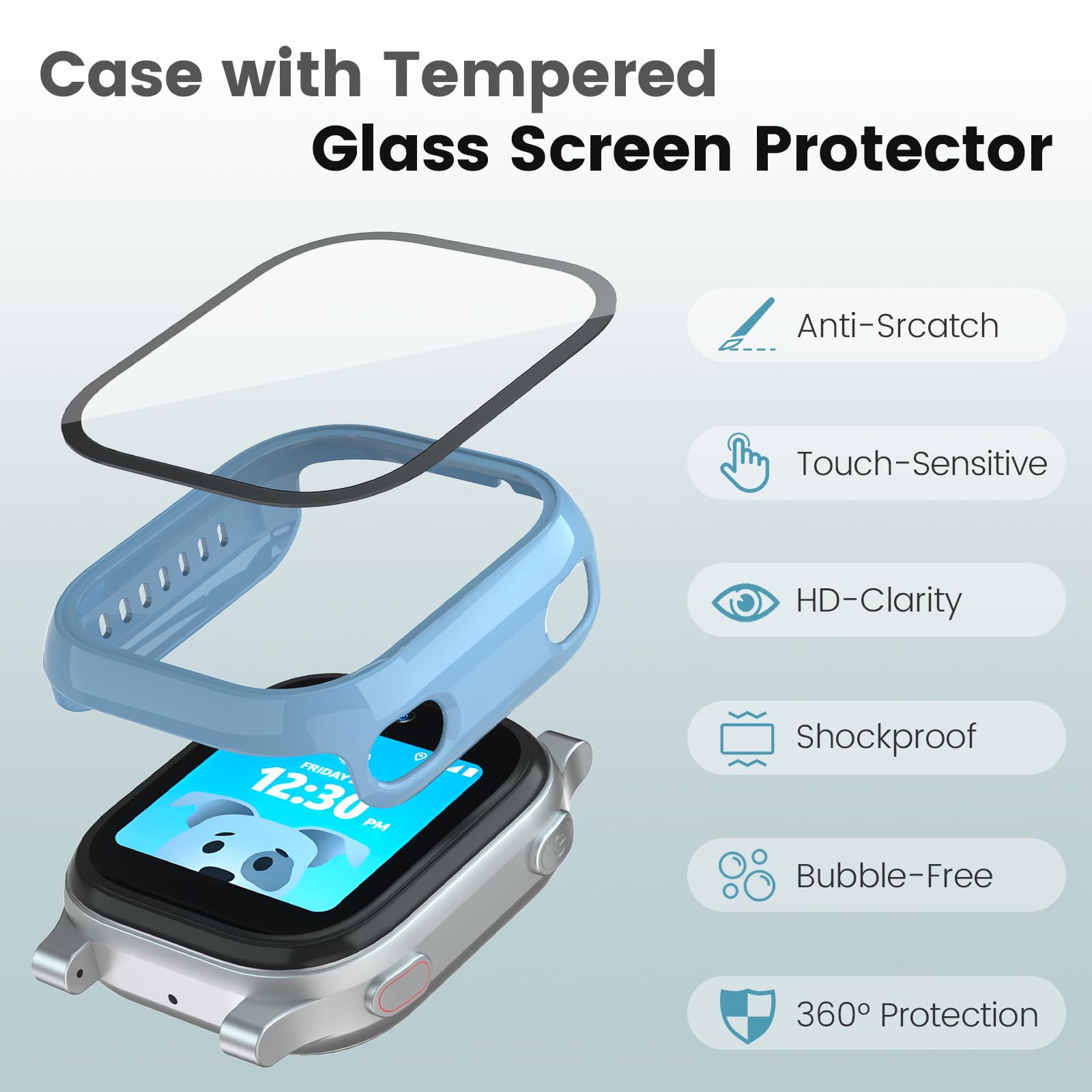 Protector de pantalla compatible con AT&T amiGO Jr Watch, paquete de 2 fundas de policarbonato duro y vidrio templado para amiGo Kids Smartwatch Accesorios, antiarañazos y sensible al tacto