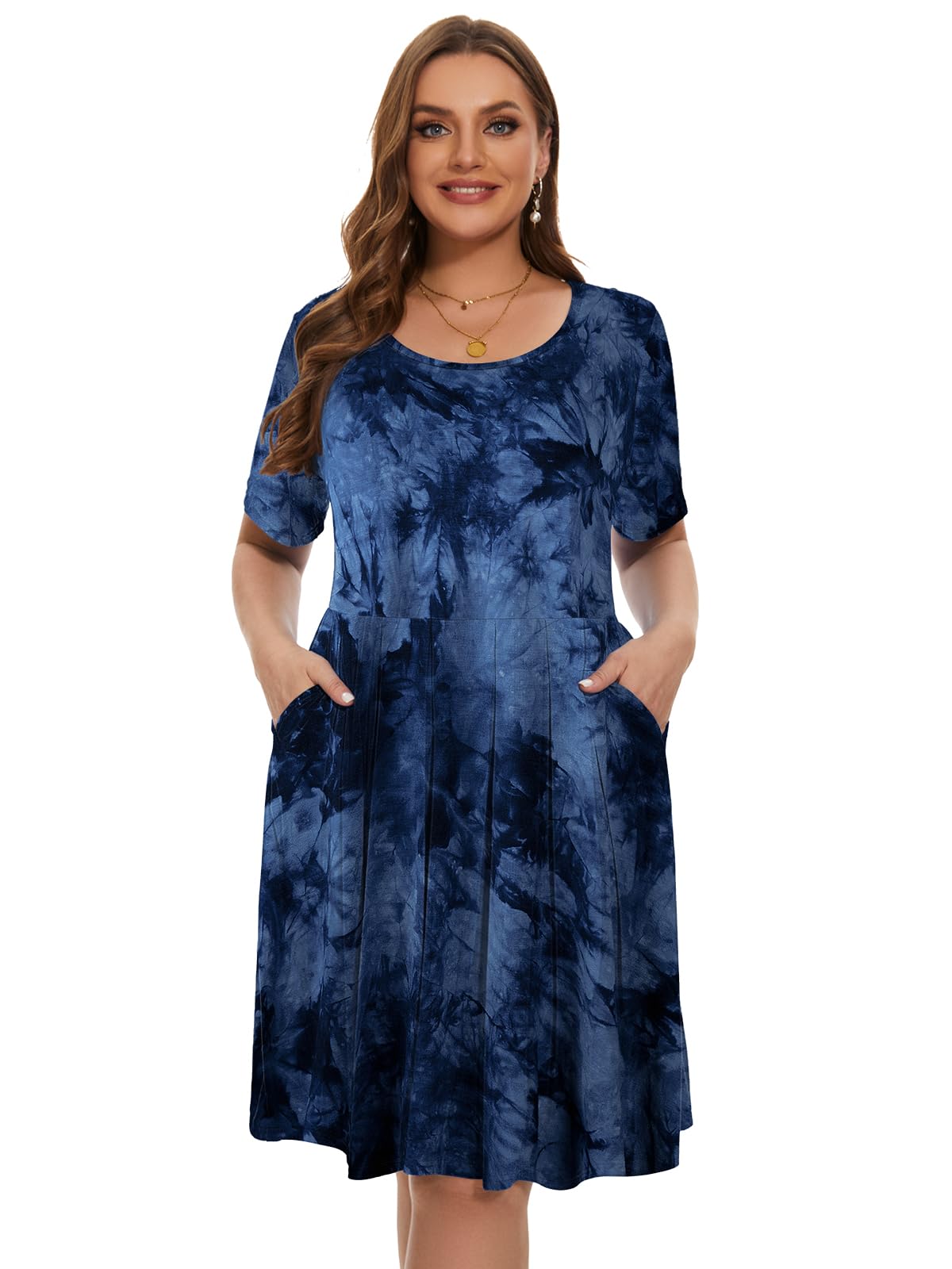 LARACE Women's Plus Size Summer Dress Short Sleeve Casual Pleated Swing Midi Dresses with Pockets