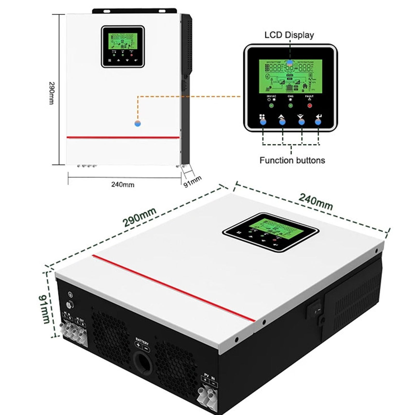 Inversor solar híbrido de 1KW/1,5KW, con controladores solares MPPT de 40A integrados, inversor híbrido para uso fuera de la red, inversor de onda sinusoidal pura para batería de 12V/24V o modo sin