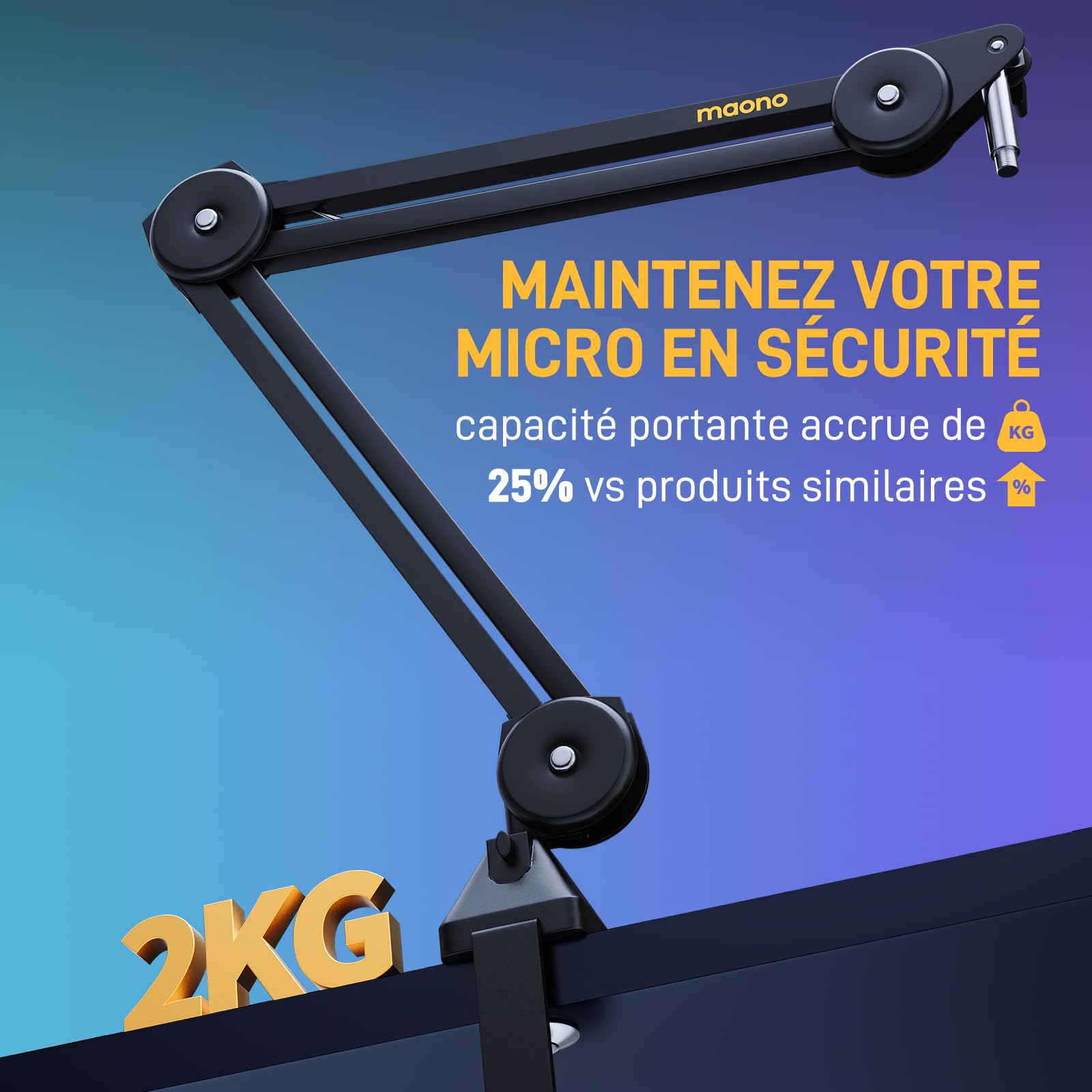 MAONO Bras micro BA37 noir - Support réglable avec adaptateur 3/8 à 5/8 pouces. Compatible Blue Yeti, HyperX QuadCast/SoloCast, Elgato Wave, FIFINE. Idéal podcast, streaming et gaming