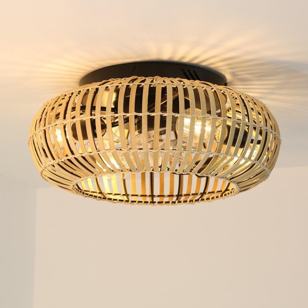 Retro Bamboe Plafondventilator Met Verlichting En Afstandsbediening Stille Ventilator Opschorting 6-Snelheden Omkeerbare Kroonluchters Vintage Rotan Slaapkamer Woonkamer Hanglamp Eetkamer Keukenlamp