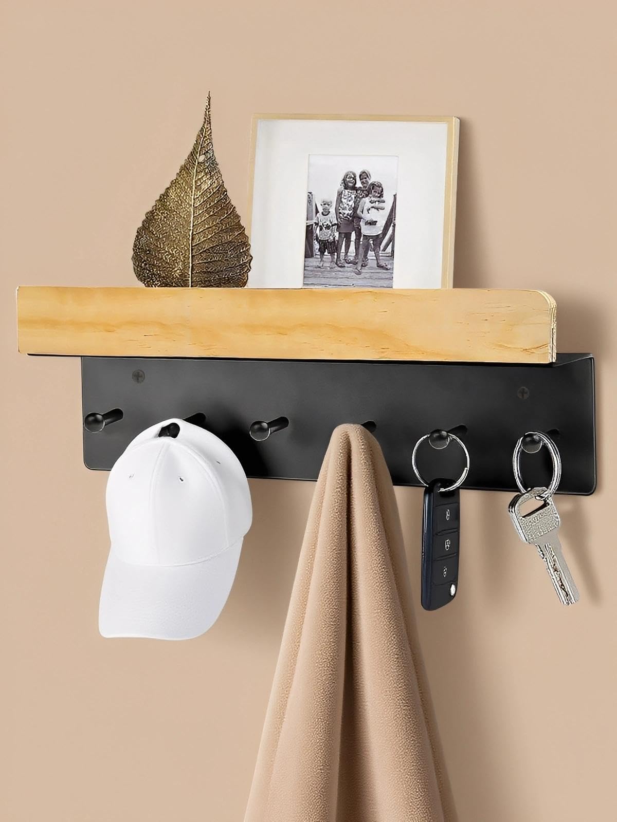 PARFCO Portachiavi Da Parete Nero Con Ripiano In Legno - 6 Ganci Metallici - Dimensioni 35x10x5 Cm - 3