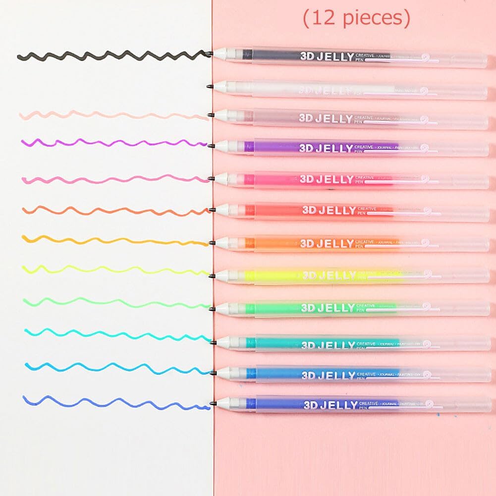 Eforcase 12PCS 3D Jelly Pens Gel Pens for Adult Coloring Books Gel Ink Pen Marker Colored Pen for Drawing, Crafts Scrapbooks Bullet Journaling Card Making, Photo Album Drawing Writing