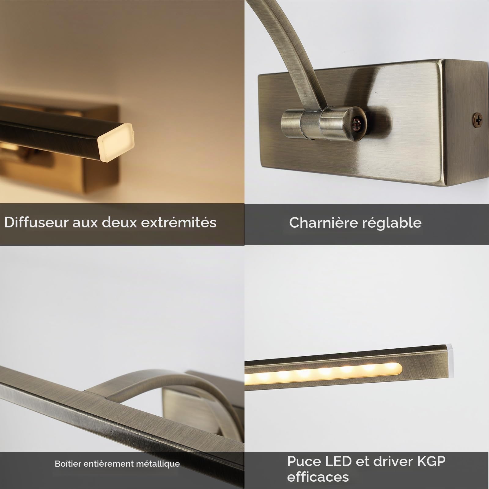 Alpinaluz Applique murale LED pour éclairage de tableaux, miroirs et meubles, 8 W, 455 mm, lumière chaude 2 700 K, angle réglable, acier avec finition bronze vieilli, driver KGP intégré