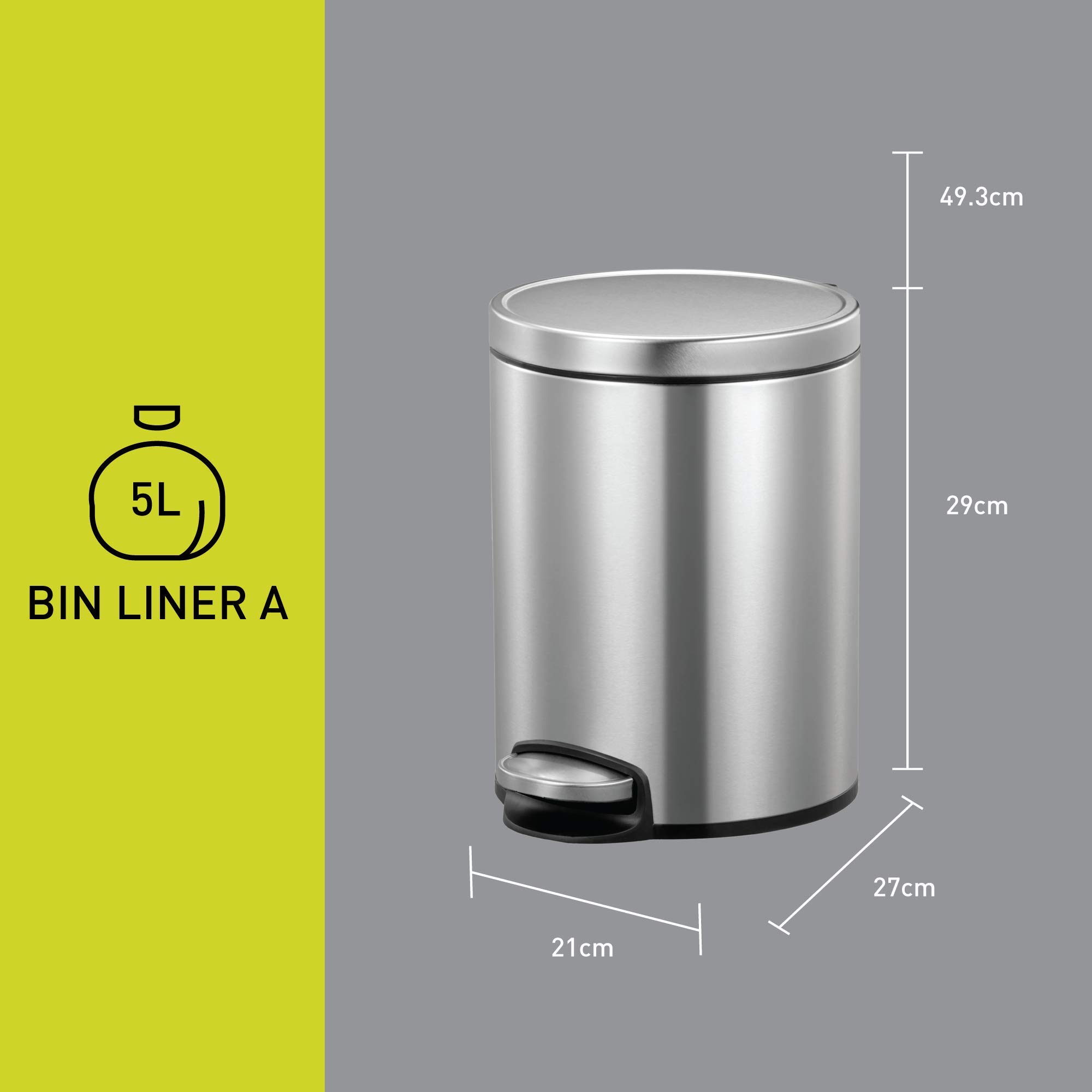 Pattumiera Bagno A Pedale, Cestino 5L Secchio Interno Rimovibile E Coperchio Ammortizzato Acciaio Inox Opaco Relaxdays 93937628