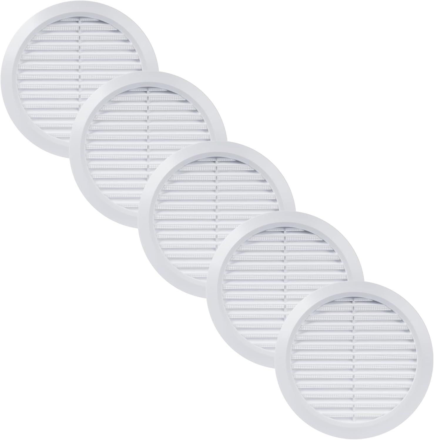 Vent Systems 6" Inch - Pack of 5 - White Louvered Vent Cover – Durable Plastic Air Exhaust Grille with Flange and Built-In Mesh Screen – Weather-Resistant HVAC Outlet for Bathroom, Kitchen Ventilation