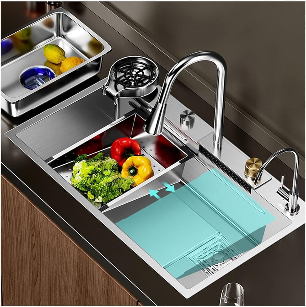 ZQFHSX Kitchen Sink Set,Professional Stainless Steel Integrated Waterfall & Pull-down Faucet Set Large Bowl With Nano Coating Farmhouse Workstation Kit(Size:68x45CM)
