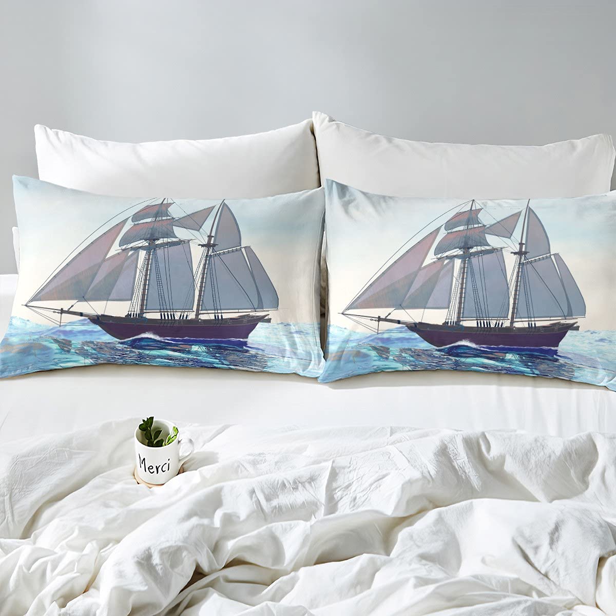 Set Biancheria Da Letto Con Copriletto Trapuntato Faro Nautico - Stile Retrò Mare, Per Bambini E Adulti, 2 Pezzi