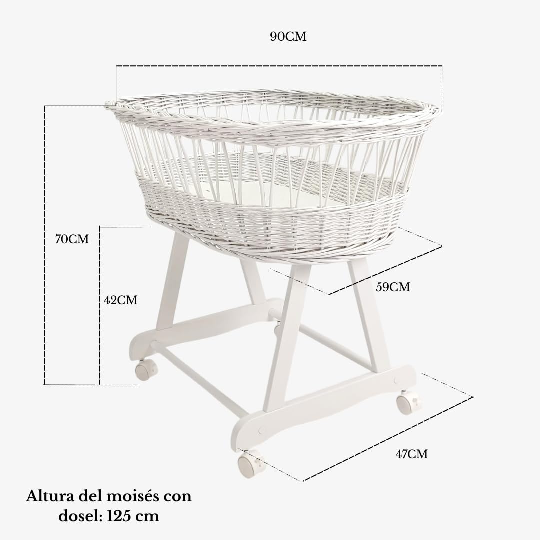 Wiklinopol Moisés con dosel Lena – Moisés de mimbre con estructura – Cesta para bebé en color blanco, juego completo con 5 piezas, ropa de cama de conejito rosa – con ruedas, portátil, segura
