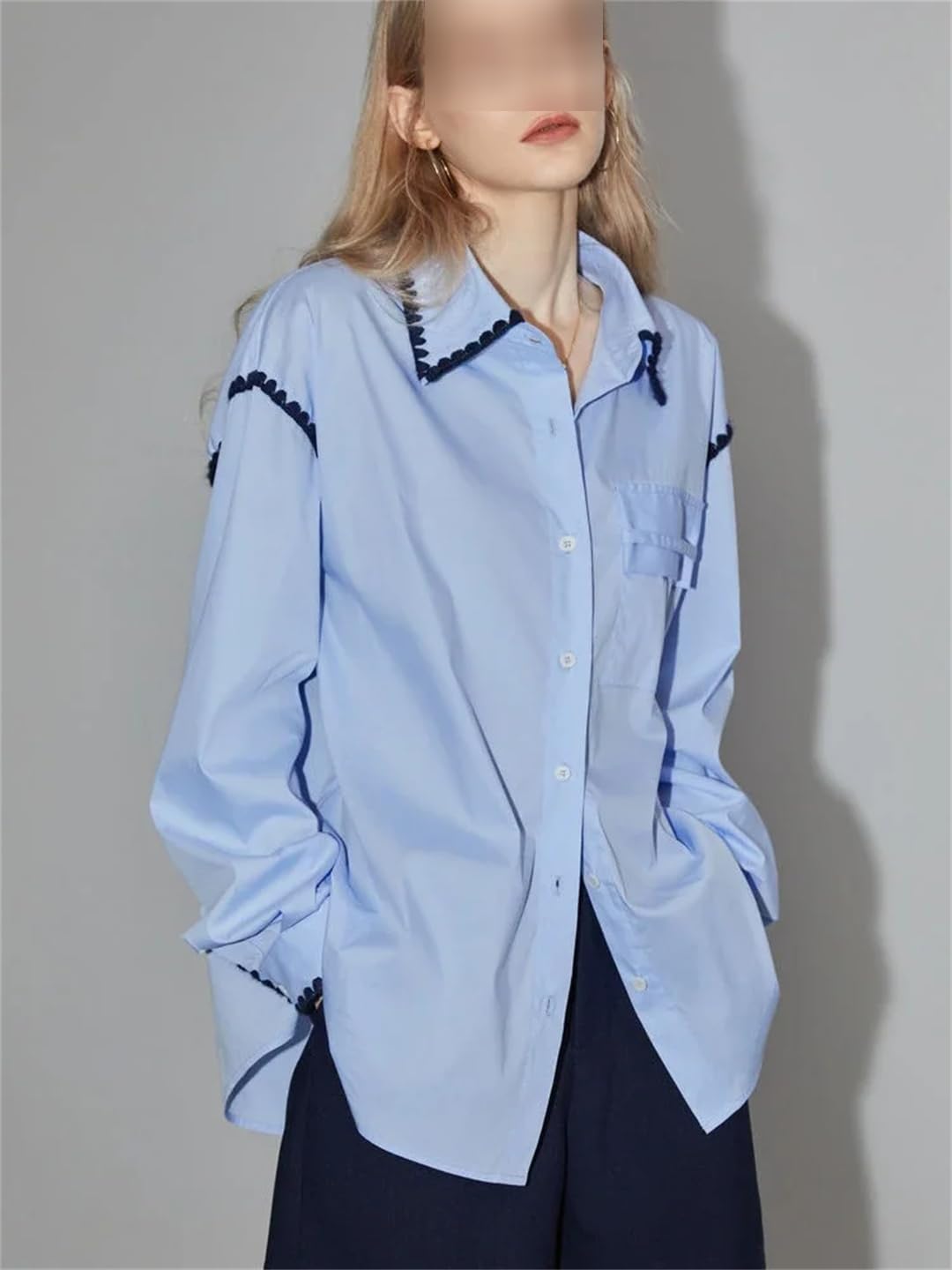 Chemisier ample à manches longues élégant pour femme - Col à revers tissé - Style décontracté
