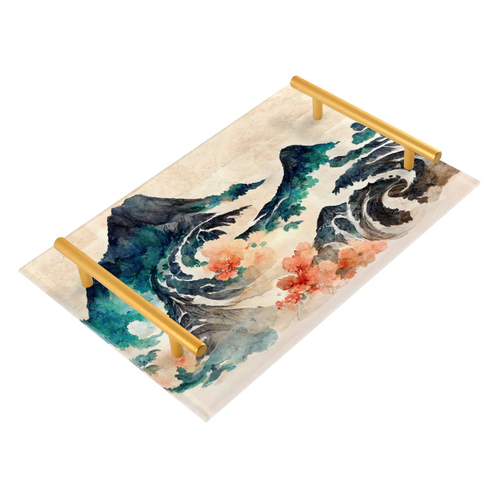 Oriental Wave Flower Decorative Tray Rectangle 7.9 × 11.8 inch Acrylic Vanity Trinket Coffee Table Trays for Centerpieces Modern Home Decor for Bedroom Bathroom Kitchen Living Room
