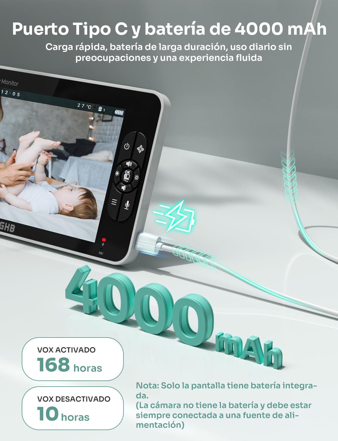 GHB Camara Vigilacia Bebe 7 Pulgadas IPS 1080P Pantalla Duración 168 Horas Batería de 4000mAh Vigilabebes Soporta 2 Cámaras 4×Zoom, Comunicación Bidirecciona Escucha Bebe