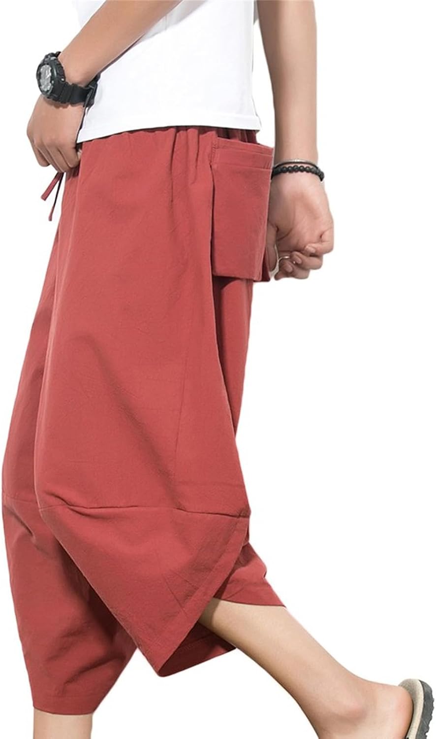 Mmoneyake Men's Linen Harem Capri Pants Lightweight Elastic Waist Casual Baggy Pants Thai Yoga Pants Wide Leg Beach Trousers