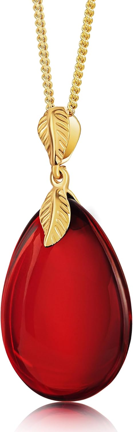 Red Amber Pendant Necklace for Women, Gold Plated Sterling Silver 925 Chain, Polished Gemstone Pendant, Dainty Womens Jewelry, 18 inch gold plated chain