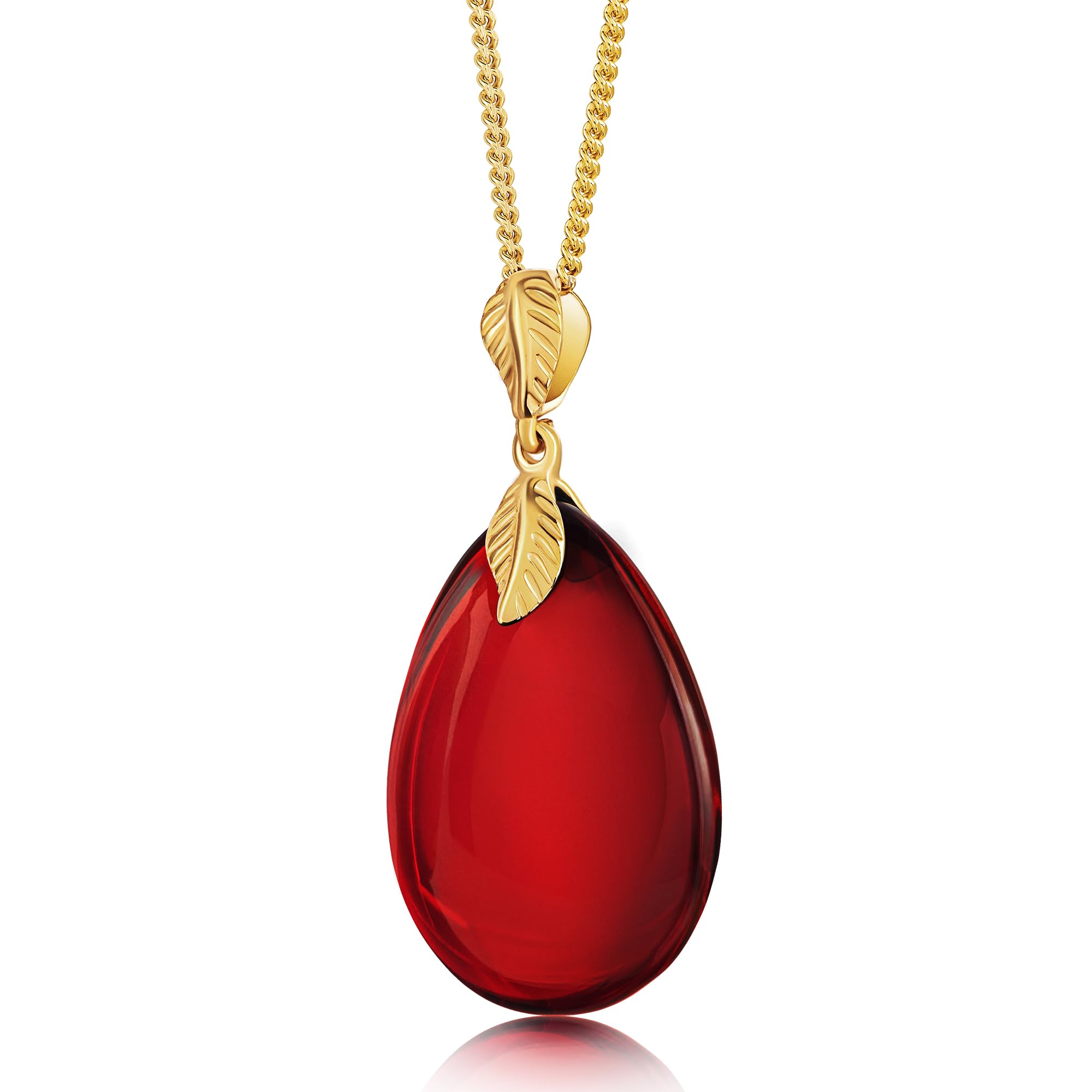Mazukna - Ciondolo in ambra rossa, elegante gioiello in argento sterling placcato d'oro, collana da donna lunga 45 cm